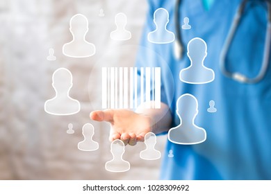 Doctor pushing button barcode product healthcare network on virtual panel medicine