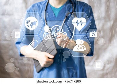 Doctor pushing button cloud healthcare network on virtual panel management.