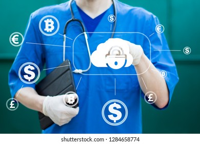 Doctor Pushing Button Cloud Lock Security Healthcare Network On Online Virtual Currency Panel. Cloud Computing And Network Security Concept.