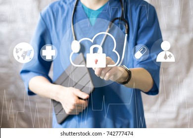 Doctor Pushing Button Cloud Lock Security Healthcare Network On Virtual Panel Management.