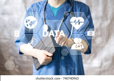 Doctor Pushing Button Data Service Virtual Healthcare In Network Medicine.