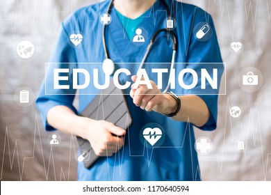 Doctor Pushing Button Education Healthcare Network On Virtual Panel Medicine.