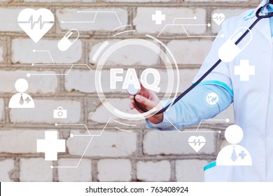 Doctor Pushing Button Faq Healthcare Network On Virtual Panel Medicine ( Frequently Asked Questions ).