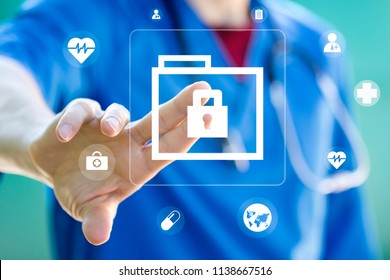 Doctor Pushing Button File Lock Folder Security Healthcare Network On Virtual Panel Medicine.