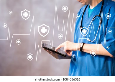 Doctor Pushing Button Heart Pulse Security Shield Virus Healthcare Network On Tablet Virtual Panel.