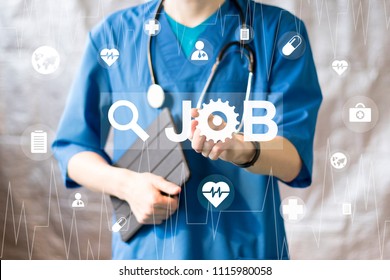 Doctor Pushing Button Job Search In Healthcare Network On Virtual Panel Medicine