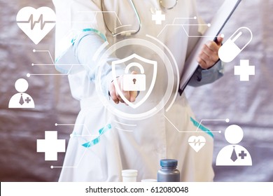 Doctor Pushing Button Locked Shield Virus Security Virtual Healthcare Network