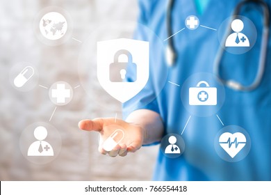 Doctor Pushing Button Locked Shield Virus Security Virtual Healthcare Network Medicine