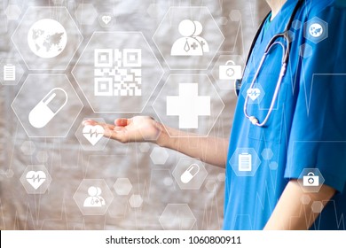 Doctor pushing button qr code virtual healthcare network on virtual panel. - Powered by Shutterstock - Get 15% off with code: PIKWIZARD15