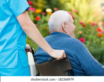 Doctor Pushing Old Disabled Patient Is Wheelchair.