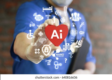 Doctor Represent Heart With AI Icon On Virtual Screen. Futuristic Medicine, World Assistance And The Future. Technological Surgery On Heart. Modern Innovative Information Technology In Health Care.