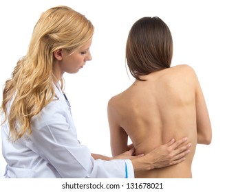 Doctor Research Patient Spine Scoliosis Deformity Backache Isolated On A White Background