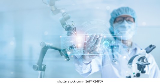 

Doctor and robotics research and analysis, Scientist diagnose checking coronavirus or covid-19 testing result with virtual screen, Medical technology and inhibition of disease outbreaks.  - Shutterstock ID 1694724907