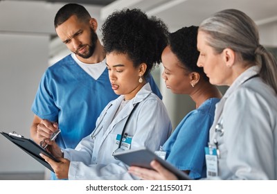 Doctor Schedule, Meeting And Medical Worker Talking To Hospital Team About Healthcare Agenda. Group Of Medicine Employees In Communication About Collaboration And Teamwork On Paper In Clinic