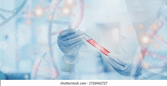 Doctor or scientist holding glass tube,with molecular and DNA structure and red blood cells sample inside,concept healthcare ,medical,science,technological development application biological system