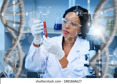 Ärztin oder Wissenschaftler, die Glasröhrchen mit molekularer und DNA-Struktur und roter Blutkörperchen-Probe im Inneren aufbewahren,Konzept Gesundheitswesen, Medizin, Wissenschaft, technologische Entwicklung Anwendung biologisches System