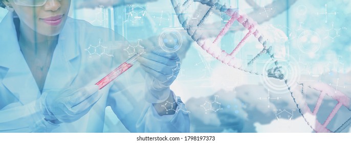 Doctor Or Scientist Holding Test Tube Analysis DNA Structure Molecule Chain,medical And Genetics,3d Render,illustration,science Biotechnology Human Cell In Laboratory Of Biochemistry