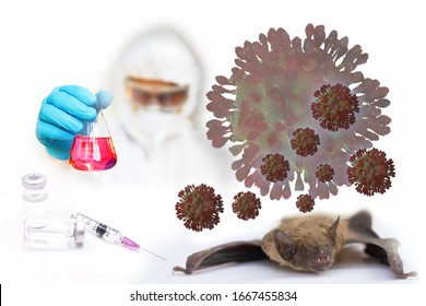 Doctor Or Scientist In Laboratory Holding  Over Strain Of Coronavirus SAR-COV And Bat As Carriers Of Disease ,Concept For Health Or Medical Background ,lung Disease,corona 2019,selective Focus