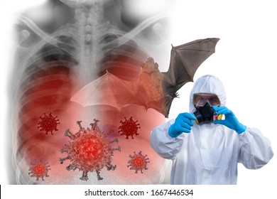 Doctor Or Scientist In Laboratory Holding A Syringe Over Chest X-ray Image And Bat As Carriers Of Disease ,Concept For Health Or Medical Background ,lung Disease,corona 2019,selective Focus