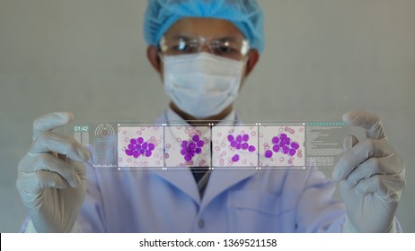 Doctor Or Scientist Looking A Leukemia Cells On Medicine Background. Futuristic Technology. Data Hologram Healthy Concept.