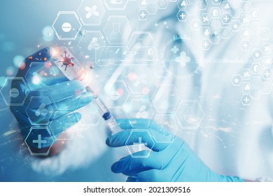 A Doctor Or Scientist Researches And Develops An Antibody Sample Vaccine For A Medical Patient To Protect Against COVID-19 Mutant. Elements Of This Image Furnished By NASA.