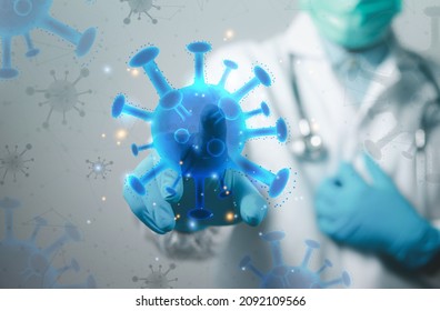 Doctor Or Scientist Showing Coronavirus Covid-19 Mutant Coronavirus New Species. The Virus Mutates The Omicron Strain Coronavirus.
