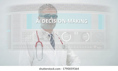 Doctor Scrolls To AI DECISION MAKING Tab On A Modern Medical Display