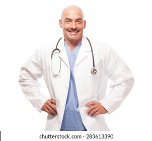 Doctor In Scrubs And Lab Coat On White Background With Hands On Hips.