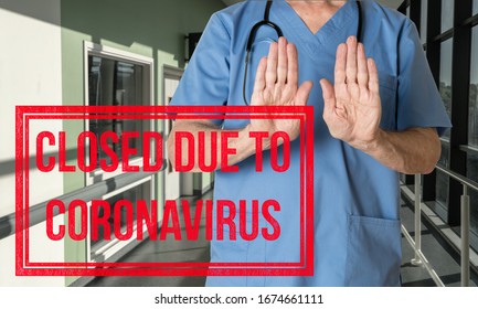 Doctor in scrubs refusing entry to patient to hospital due to no coronavirus ventilator critical care beds available - Shutterstock ID 1674661111