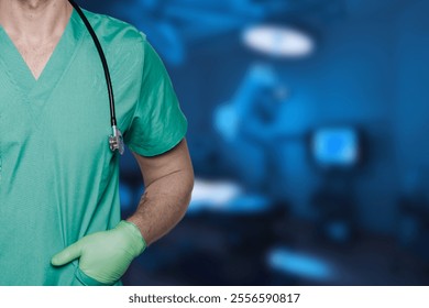 A doctor in scrubs with a stethoscope, symbolizing medical professionalism and healthcare expertise in a clinical setting. - Powered by Shutterstock