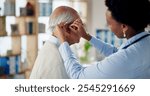 Doctor, senior man and help with hearing aid, healthcare and consultation in modern office. Patient, medical device and professional with technology, listening and test earpiece with wellness or exam