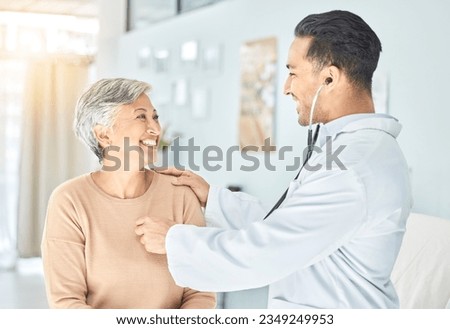 Doctor, senior patient and heart beat, stethoscope and consultation with cardiology and check breath sound. Help, trust and healthcare, male physician and woman at hospital with cardiovascular health