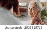 Doctor, senior woman and hearing aid in clinic for geriatric support, tinnitus and help for sound waves. Ent, otolaryngology and patient with cochlear implant for audio, healthcare and auditory tech