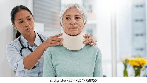 Doctor, senior woman and neck brace after injury, accident or hospital emergency. Medical professional, elderly person and collar in consultation for healthcare, wellness or healing in rehabilitation - Powered by Shutterstock