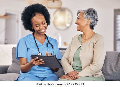 Doctor, senior woman and tablet for consulting, results and happy for good news on sofa in nursing home. Elderly person, African nurse or medic with digital touchscreen for smile, analysis and report - Powered by Shutterstock