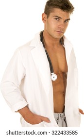 A Doctor with a sensual expression in his lab coat.