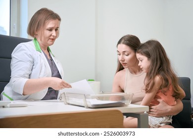 Doctor showing medical report to a mother and daughter - Powered by Shutterstock