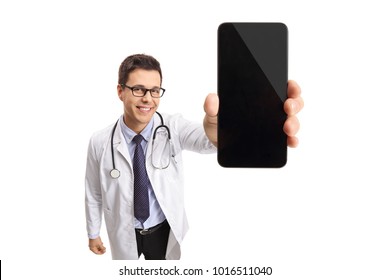 Doctor Showing A Phone Isolated On White Background