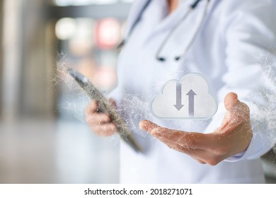 Doctor Shows Data Transfer Cloud On Blurred Background.