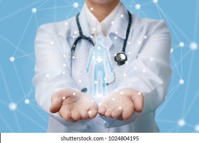 Doctor shows a hologram of a person on a blue background.