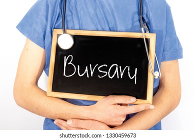 Doctor shows information on blackboard: bursary.  Medical concept.