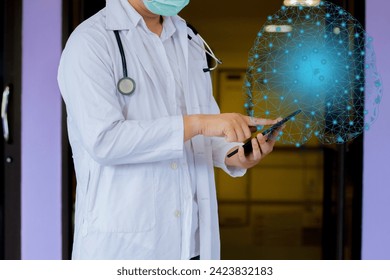 Doctor shows a patient's brain anatomy, checks the test result on the virtual interface and analyzes the data. Skeleton disease, medicine of the future.