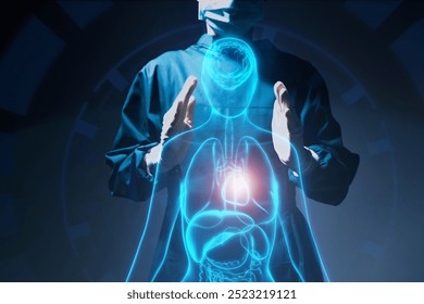 Doctor specialist surgeon using computer holographic human body anatomy display screen technology artificial intelligence assistance AI, operation simulation augmented reality medical healthcare tech