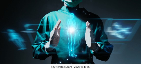 Doctor specialist surgeon using computer holographic human body anatomy display screen technology artificial intelligence assistance AI, operation simulation augmented reality medical healthcare tech
