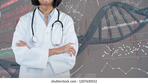 Doctor standing with arms crossed against grey background against genes diagram on black background - Powered by Shutterstock