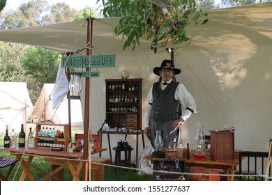 Doctor Standing By In The Medical Unit In Civil War Reenactment At Huntington Beach Park.  9/1/2017