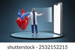 Doctor standing in front of large heart model and an ECG display, pointing at heart rhythms. Giant 3D model of phone screen. Cardiology diagnostics. Concept of healthcare, medicine. Online