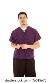 A Doctor Is Standing With A Purple Shirt Smiling.