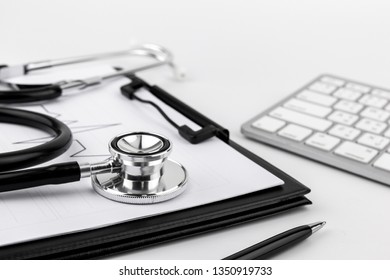 Doctor stethoscope for cardiac on white background.Equipment of physician for diagnose heartbeat in hospitality.Health care and physical examination concept.