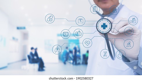 Doctor With Stethoscope And Modern Virtual Screen Interface, Medical Technology Network With Hospital Interior As Background, Smart Health, Virtual Hospital, Online Medical, Telemedicine Concept